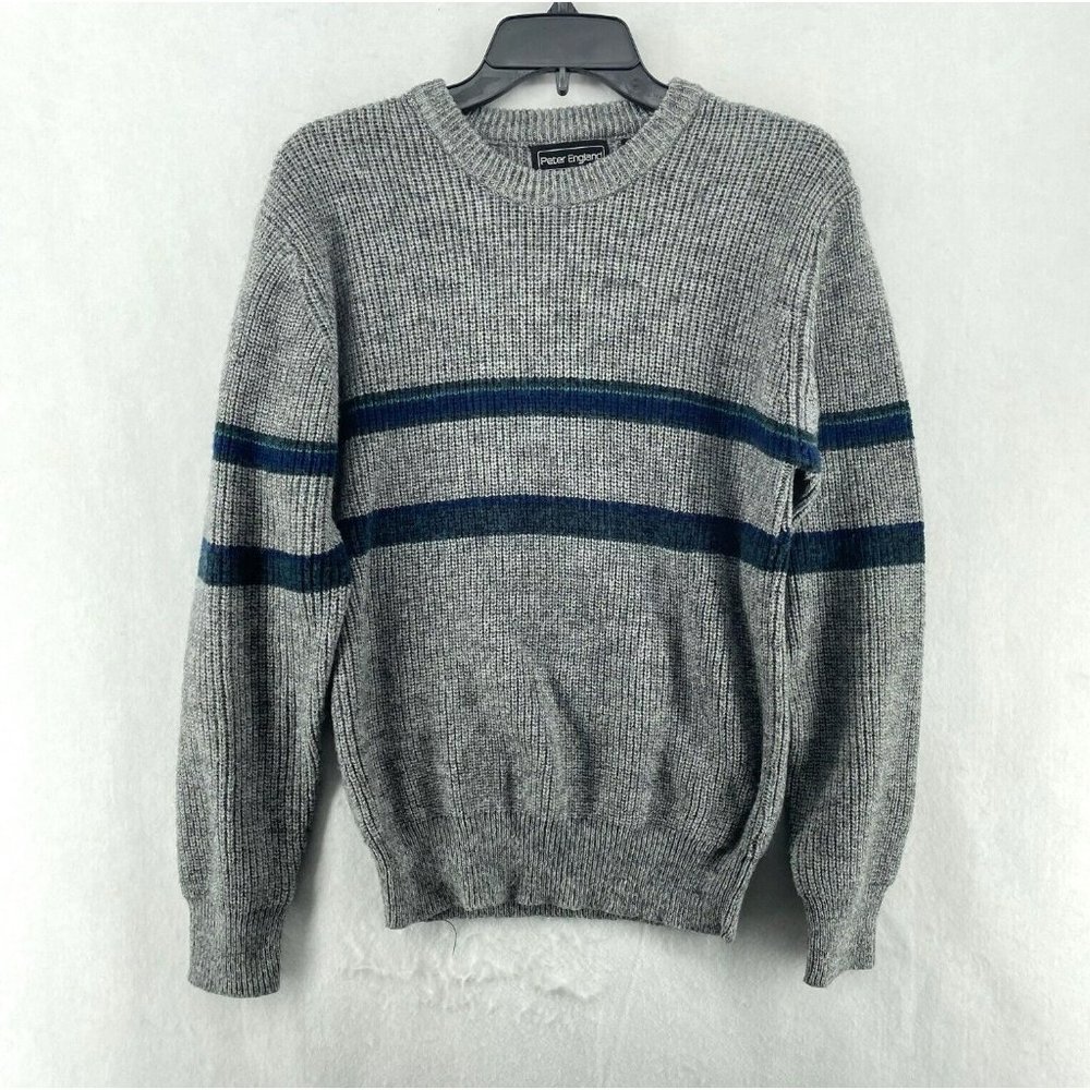 Peter England Sweater Men's Sz S Gray Striped Knit Crew Neck Pullover Wool Blend